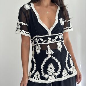 Vintage Embroidered Top Womens Large 100% Silk Sheer Boho Batik Tunic Blouse